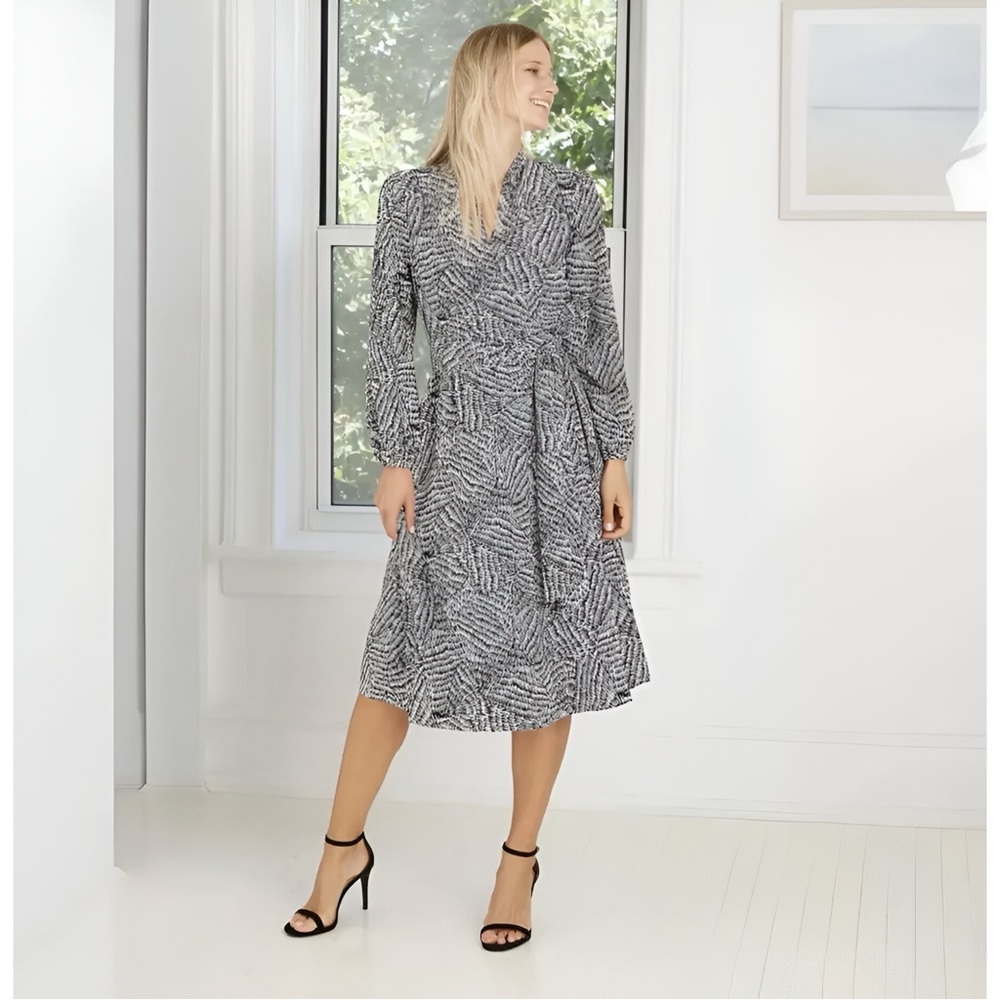 A New Day Faux Wrap Midi Dress Pockets Tie-Waist, Black & White Small